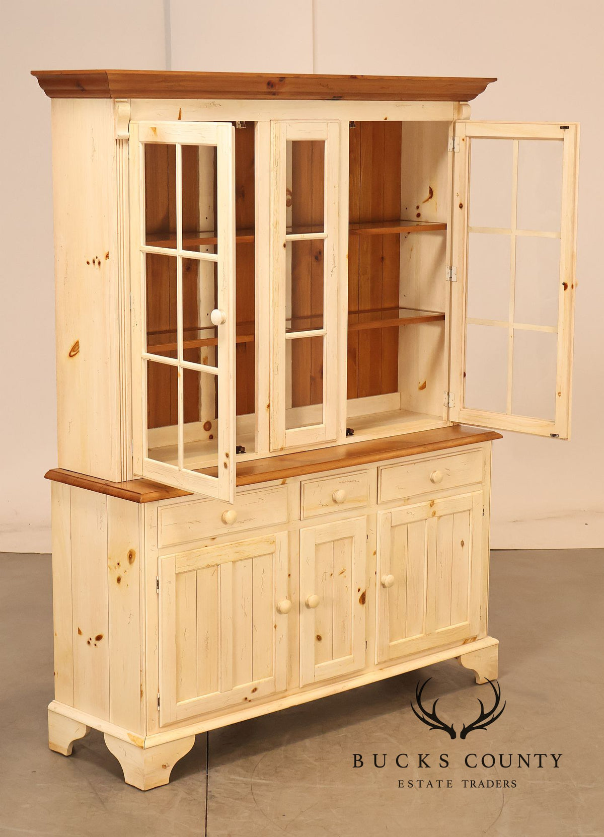 Ethan Allen Distressed Painted Pine China Cabinet