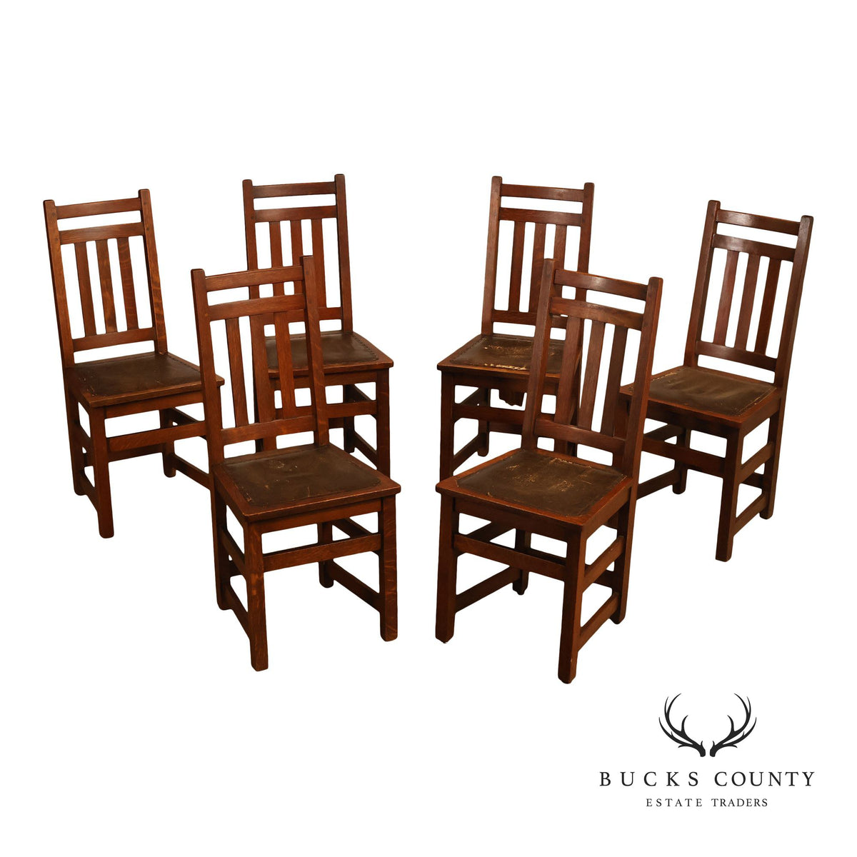 Antique Limbert Set Of 6 Arts & Crafts Oak Dining Chairs