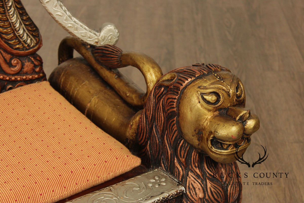 Hand Carved Painted And Gilt Lion And Peacock Motif Settee