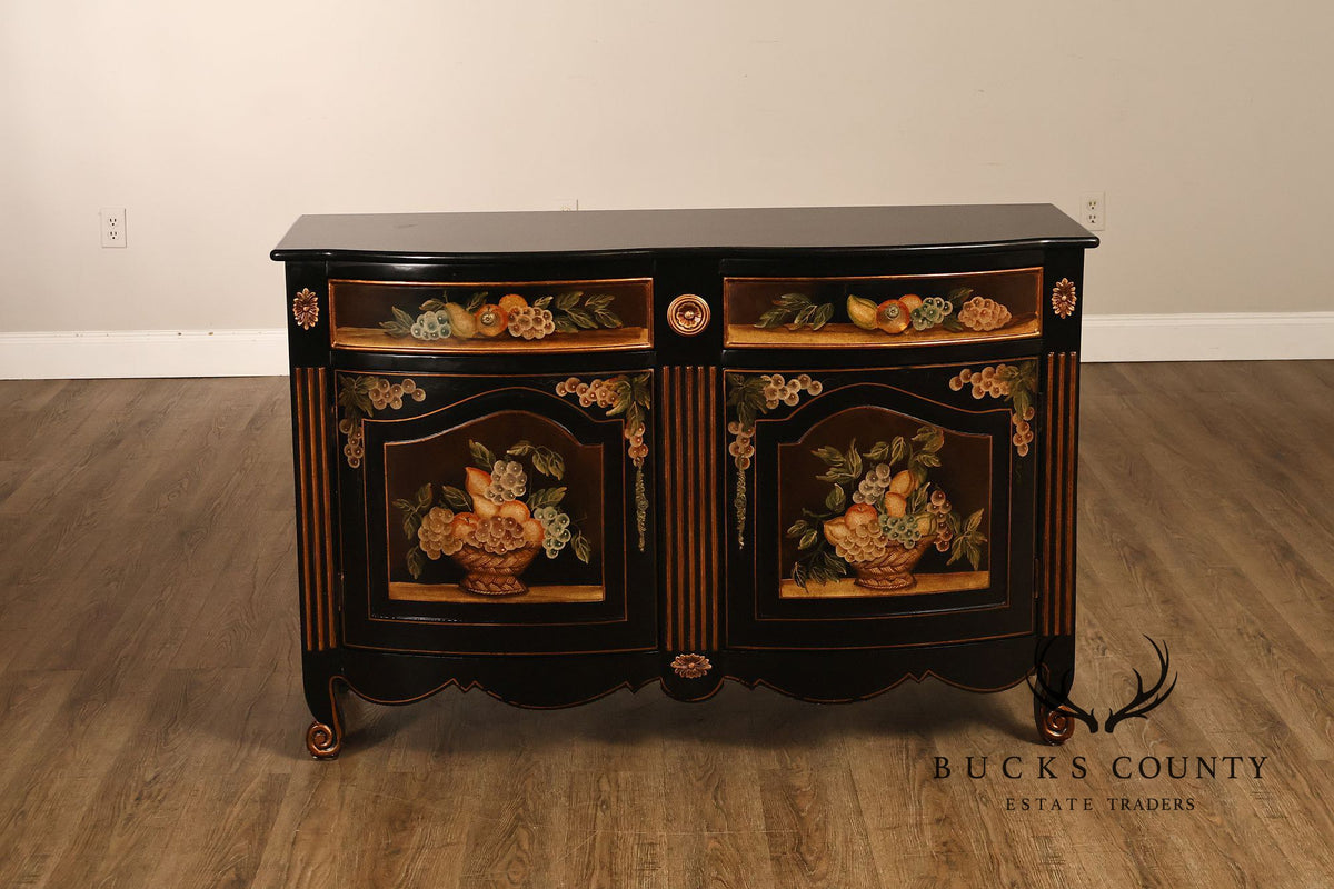 French Provincial Style Black Lacquer Hand-Painted Fruit Basket Sideboard