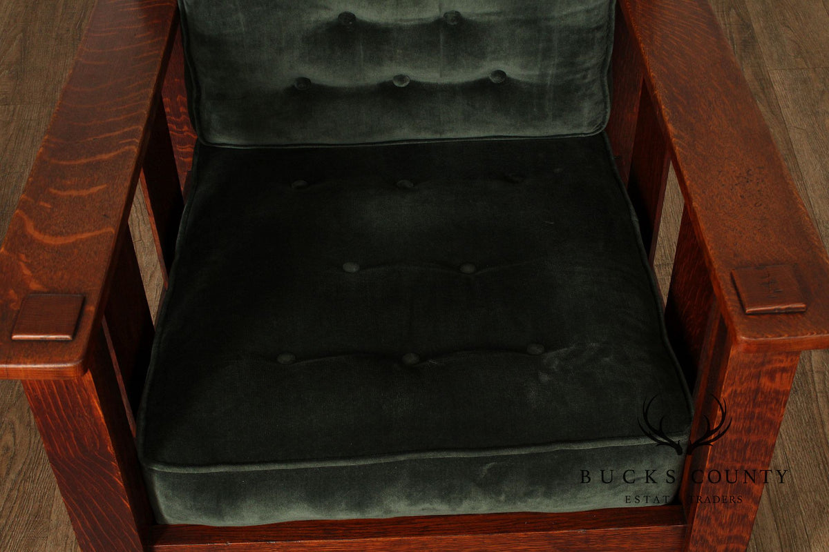 Stickley Brothers Antique Oak Arts & Crafts Rocking Chair With Green Upholstered Cushions