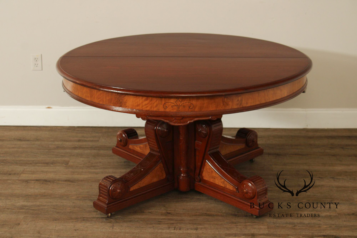 Antique Victorian Eastlake Walnut Expandable Pedestal Dining Table