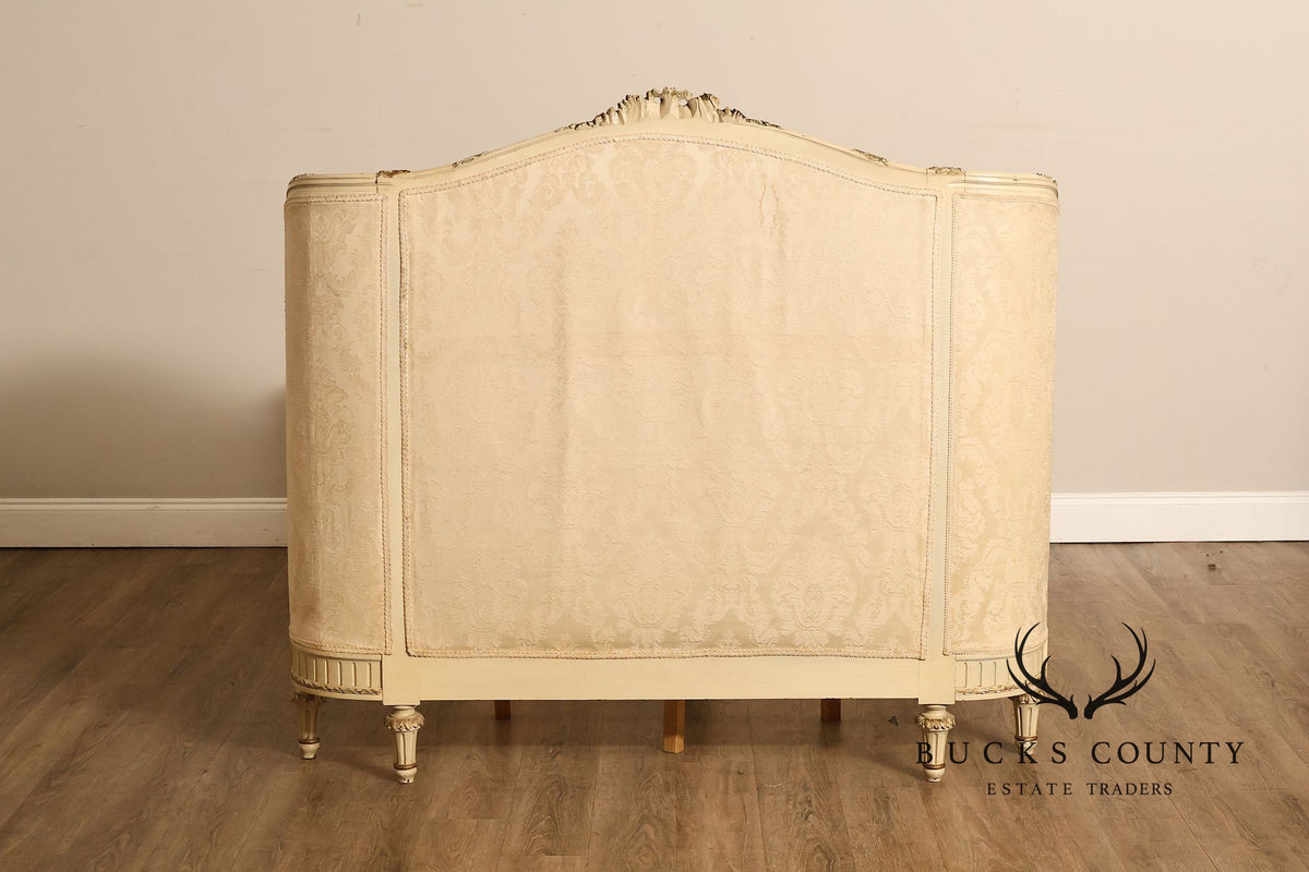Antique French Louis XVI Style Painted & Upholstered Full Size Bed Frame