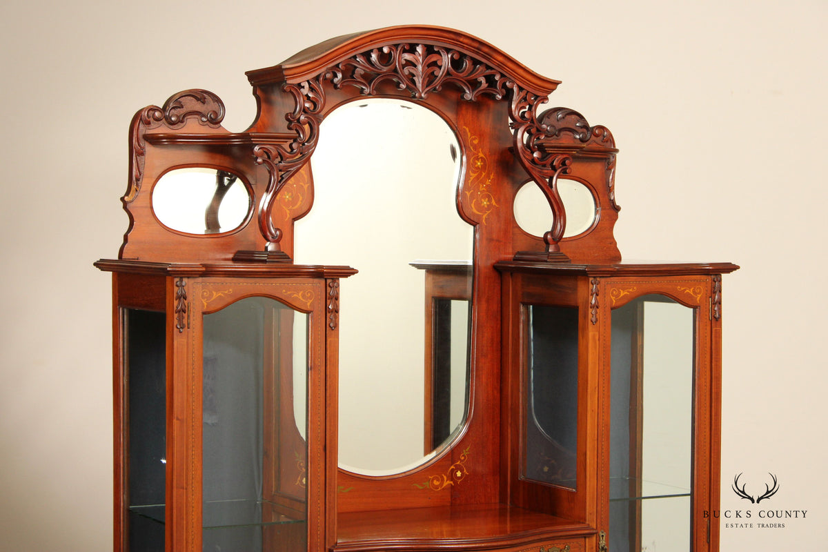 Antique Edwardian Mahogany Carved and Inlaid Double Display Etagere Cabinet