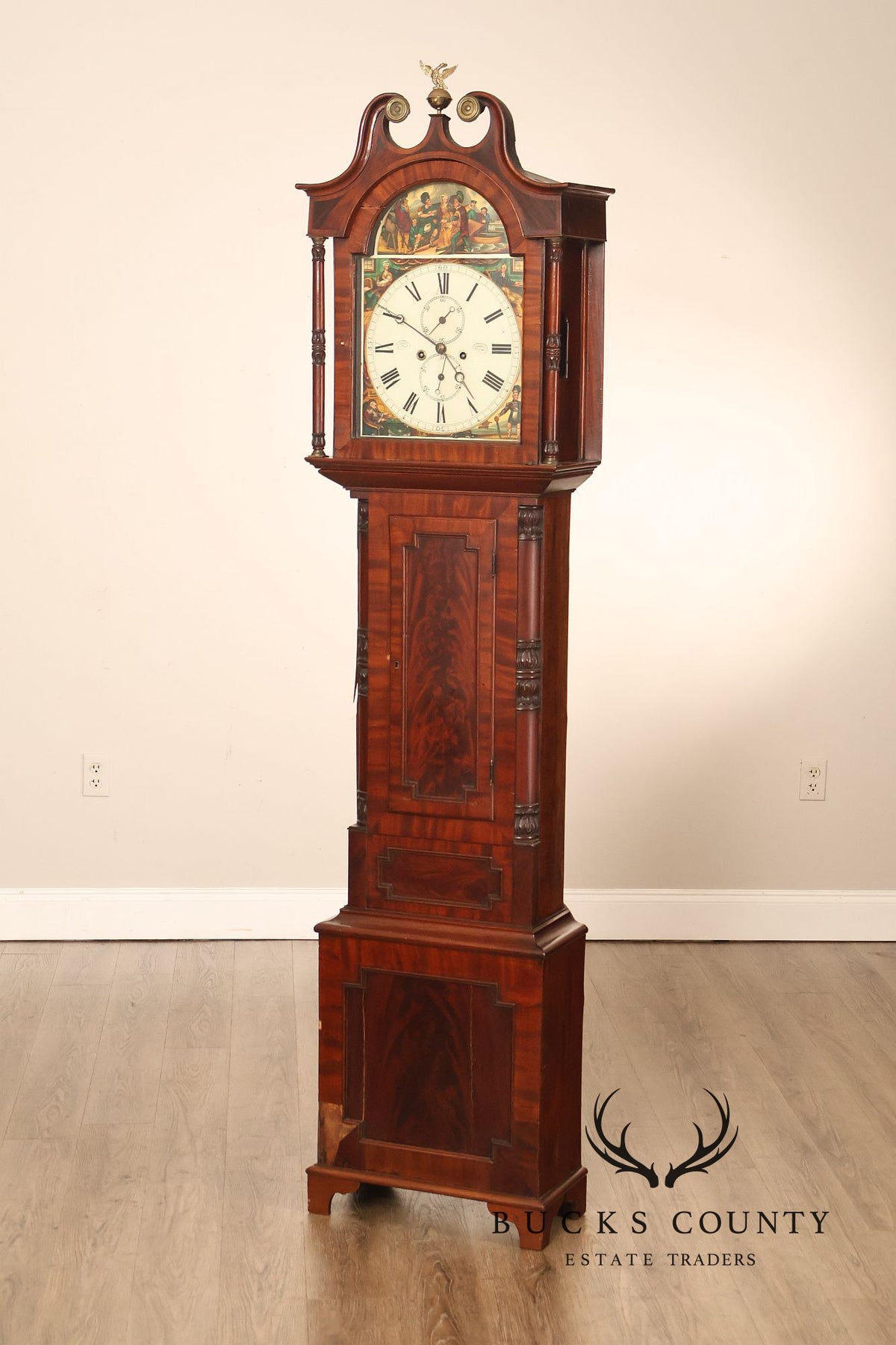 Antique Mahogany Tall Case Grandfather Clock With Painted Dial By Dundee