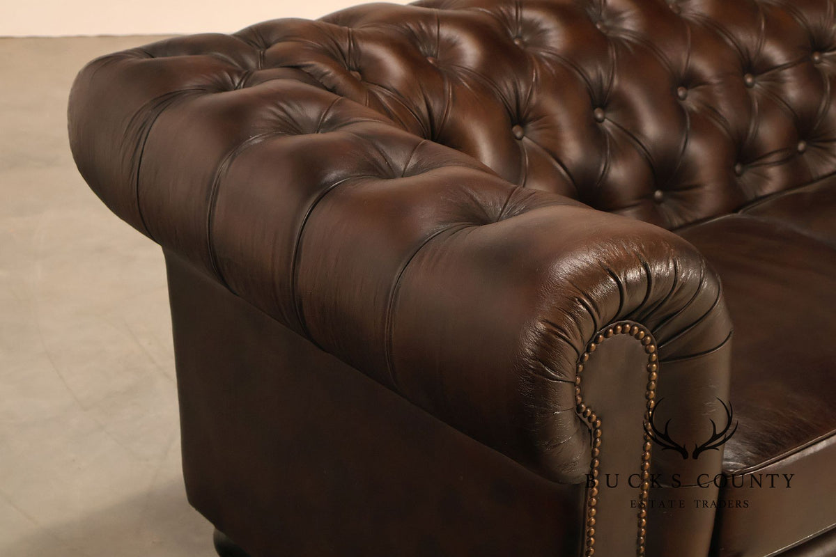 Chesterfield Style 7 Foot Espresso Brown Tufted Leather Sofa