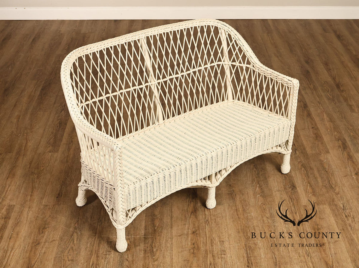 Vintage White Wicker Loveseat With Upholstered Seat Cushion