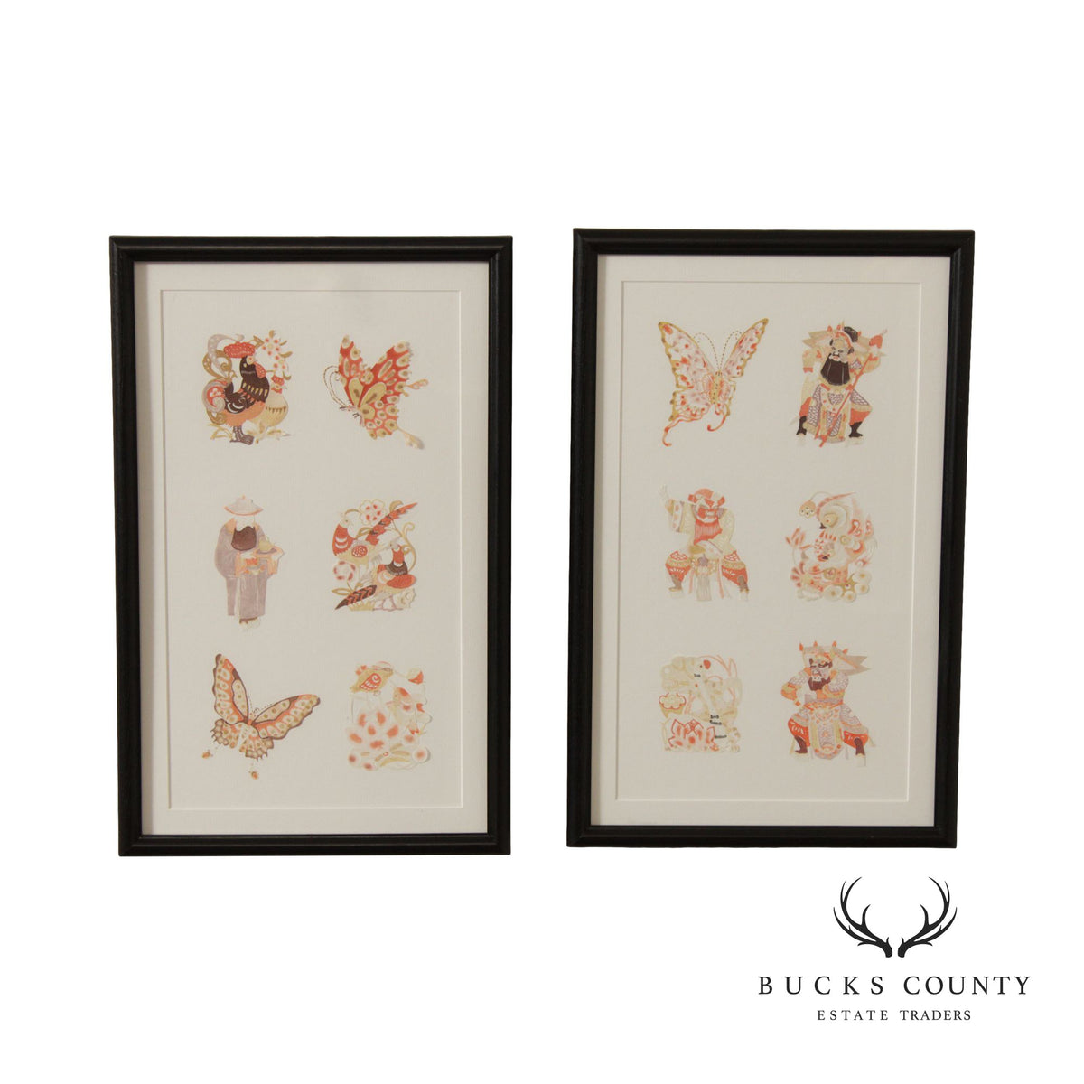 Vintage Pair of Chinese Watercolor Jianzhi