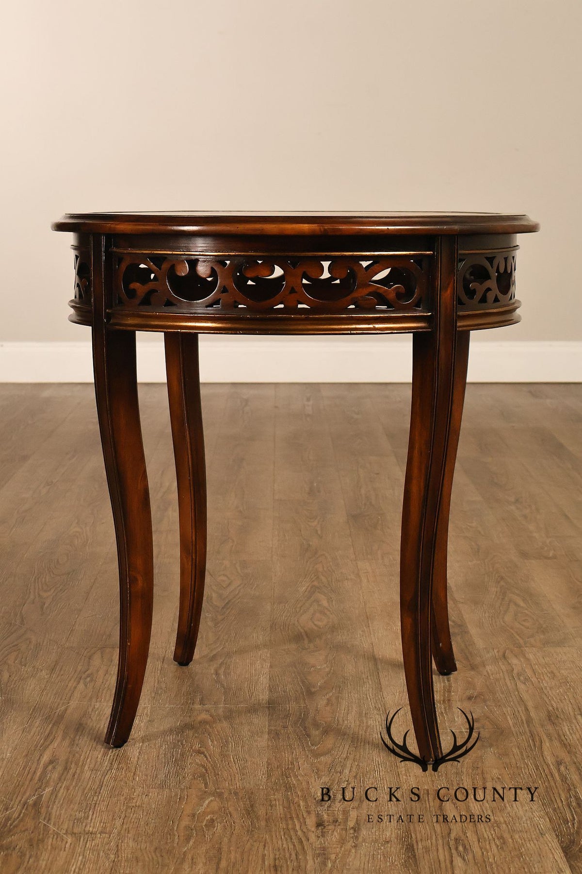 John Richard 'European Crossroads' Pair of Round Leather Top Lamp Tables