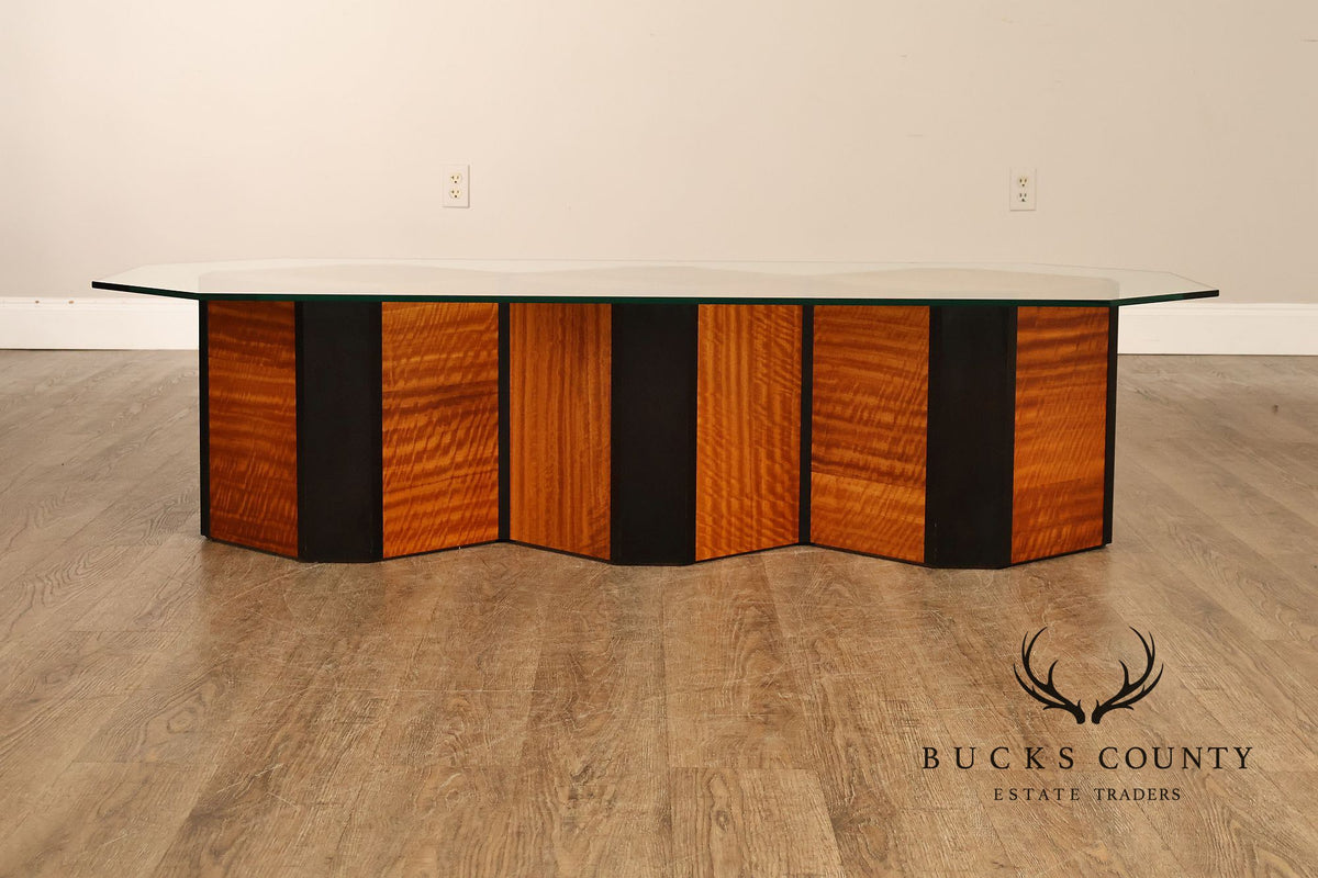 Honeycomb Style Glass Top Coffee Table With Figured Wood Base