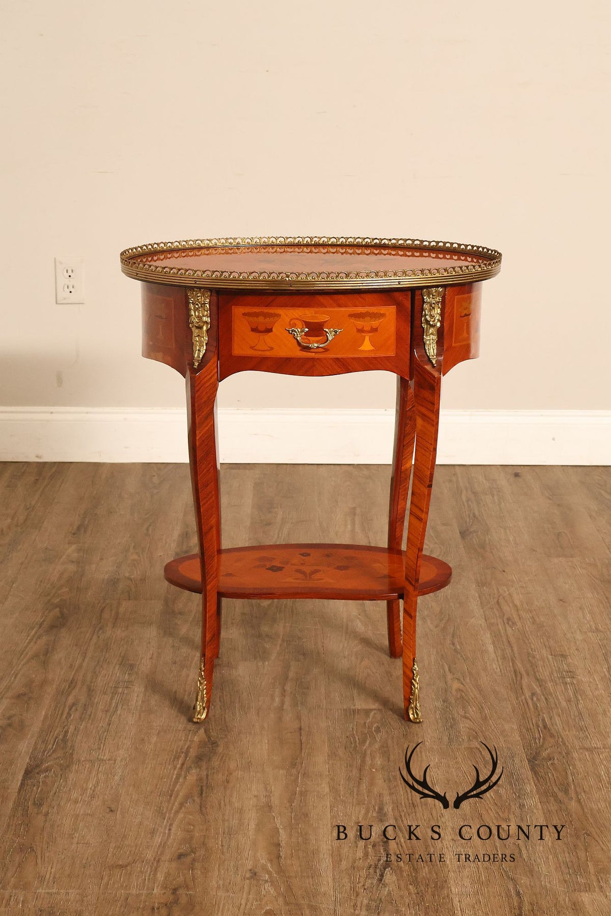 French Louis XVI Style Inlaid Oval Accent Table With Ormolu Mounts