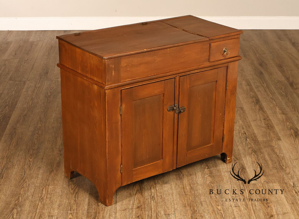 Antique Primitive Wood Dry Sink With Lift Top And Paneled Cabinet