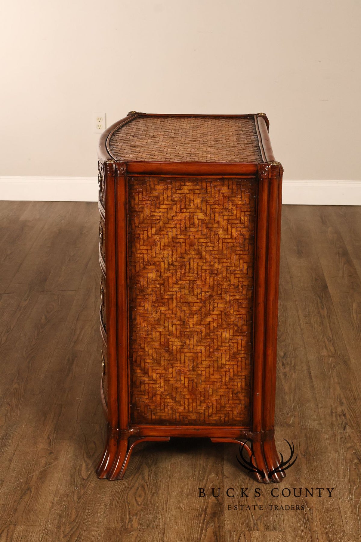 Maitland Smith Campaign Style Bowfront Rattan Chest