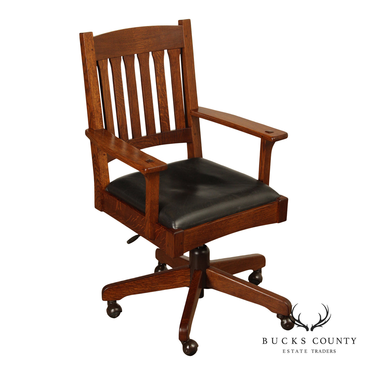 Stickley Mission Collection Oak Swivel Desk Chair With Black Leather Seat