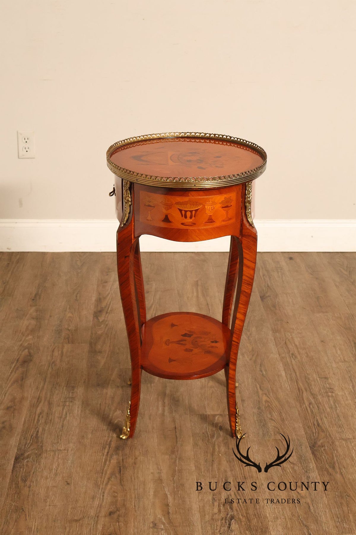 French Louis XVI Style Inlaid Oval Accent Table With Ormolu Mounts