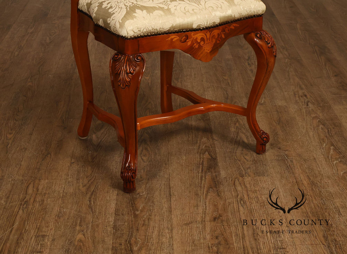 Italian Baroque Style Set of Eight Inlaid Olive Wood Dining Chairs