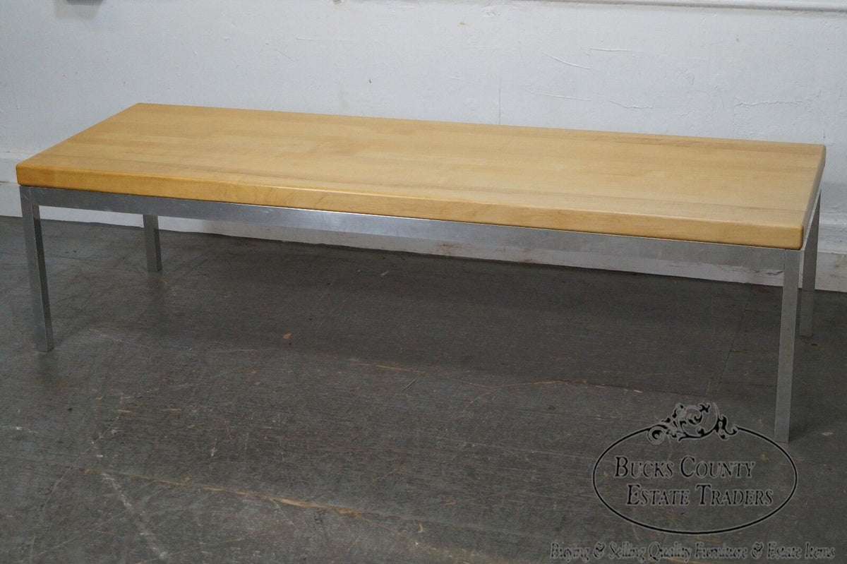 Mid Century Florence Knoll Style Chrome Base Wood Top Coffee Table