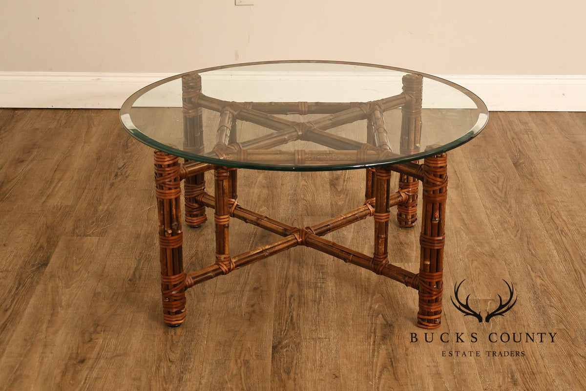 McGuire Bamboo And Rattan Round Glass Top Coffee Table