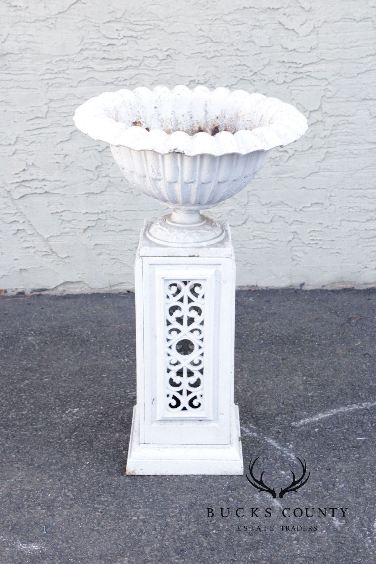 Vintage Pair of Painted Cast Iron Garden Urns on Stands