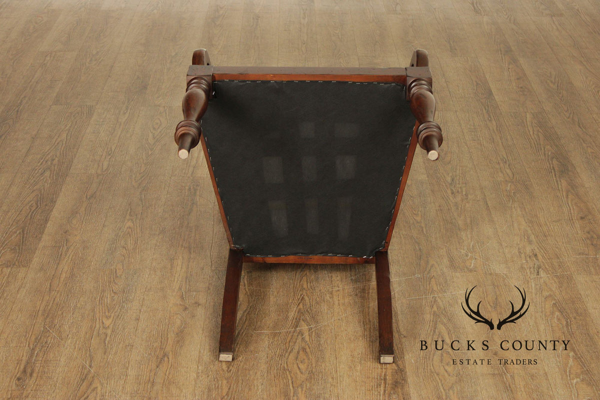 Vintage Anglo-Indian Style Pair of Caned Back Leather Seat Armchairs