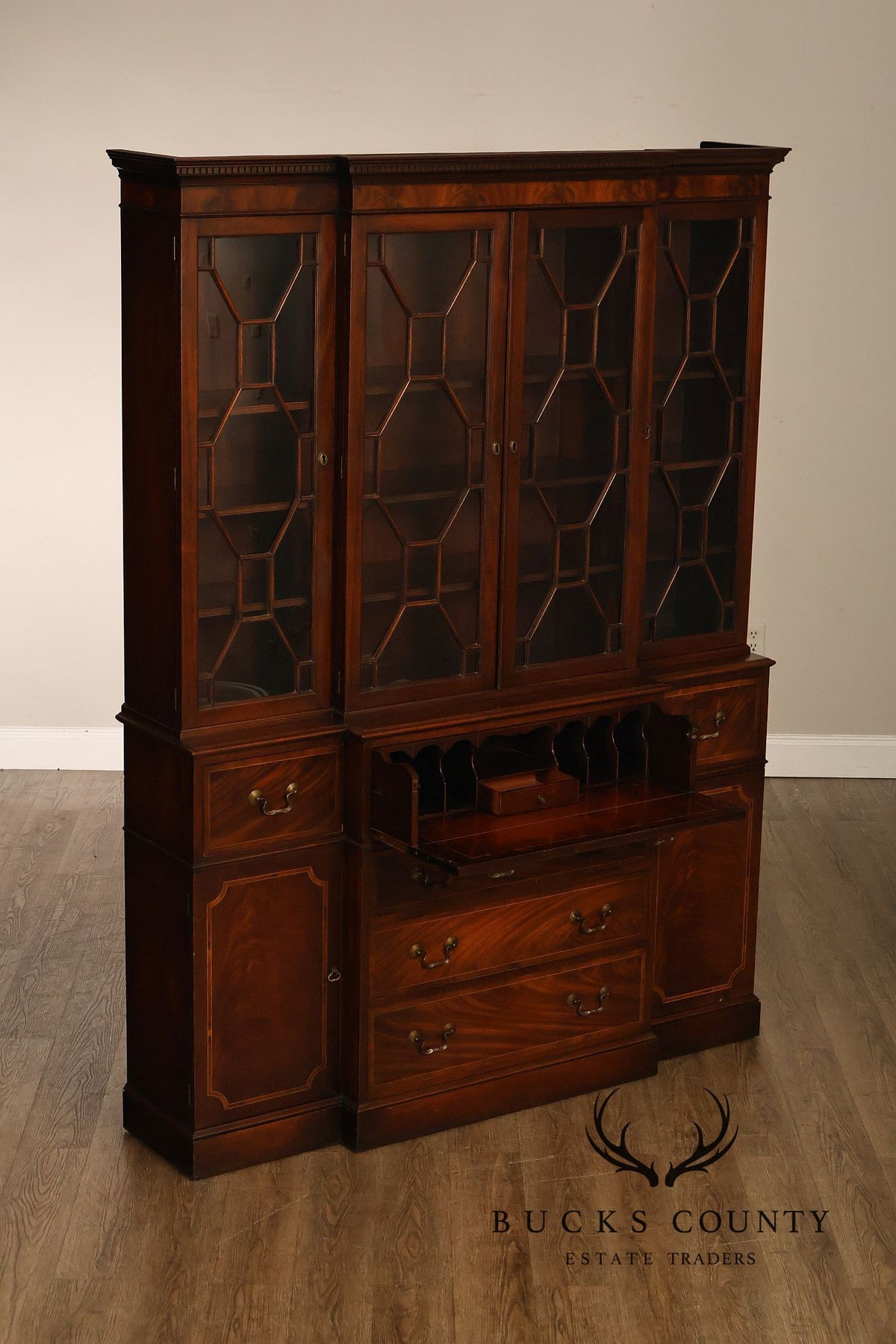 Georgian Style Mahogany Breakfront China Cabinet With Secretary Desk