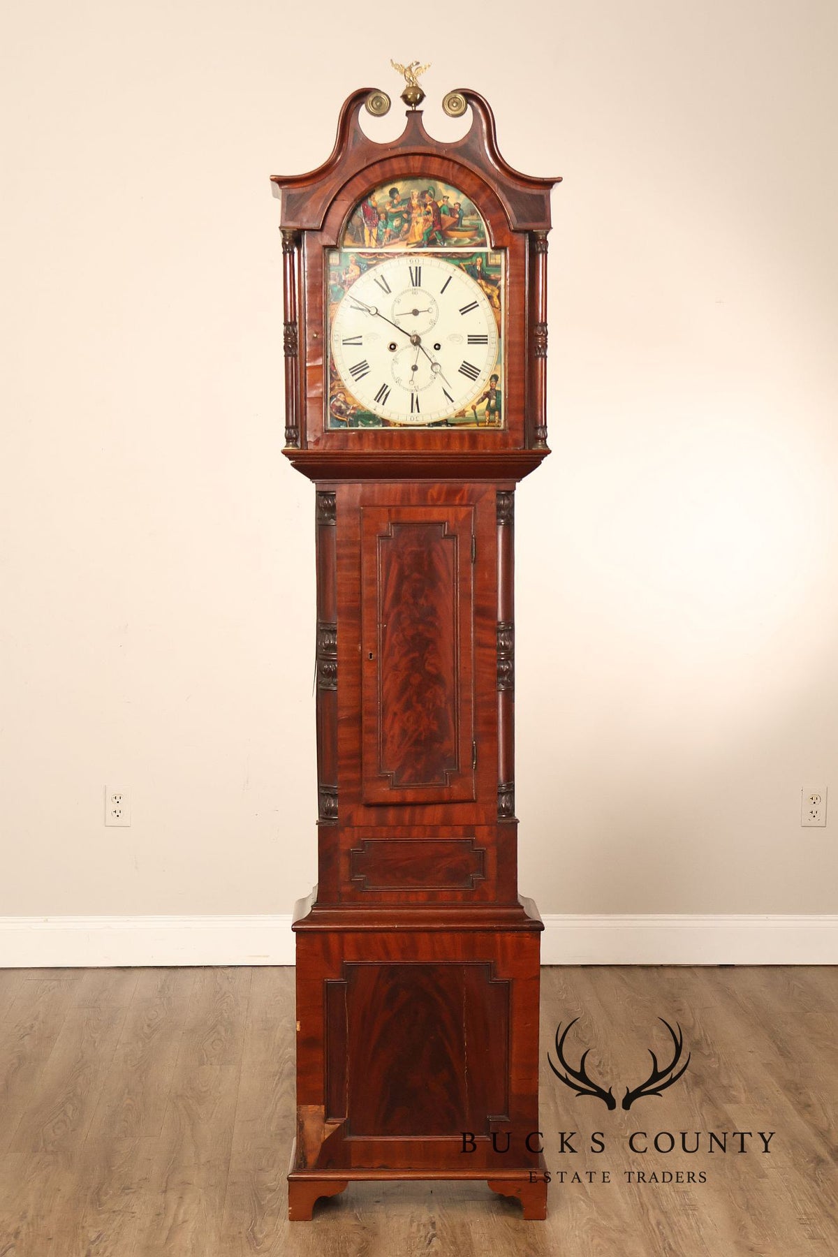Antique Mahogany Tall Case Grandfather Clock With Painted Dial By Dundee