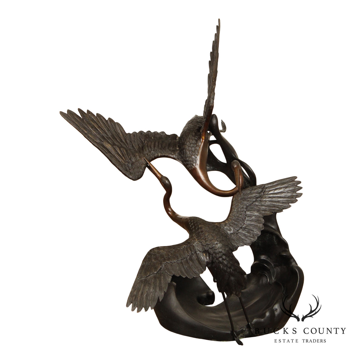 Large Bronze Modern Sculpture Of Two Cranes In Flight