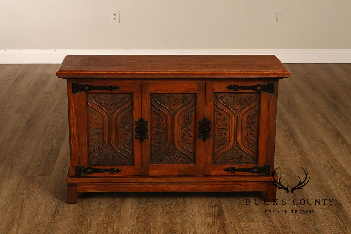 Vintage Spanish Revival Carved Oak Cabinet With Iron Hardware