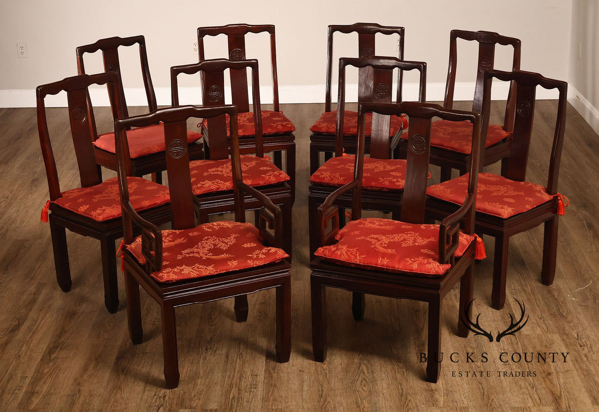 Asian Style Set Of Ten Rosewood Dining Chairs With Red Silk Cushions