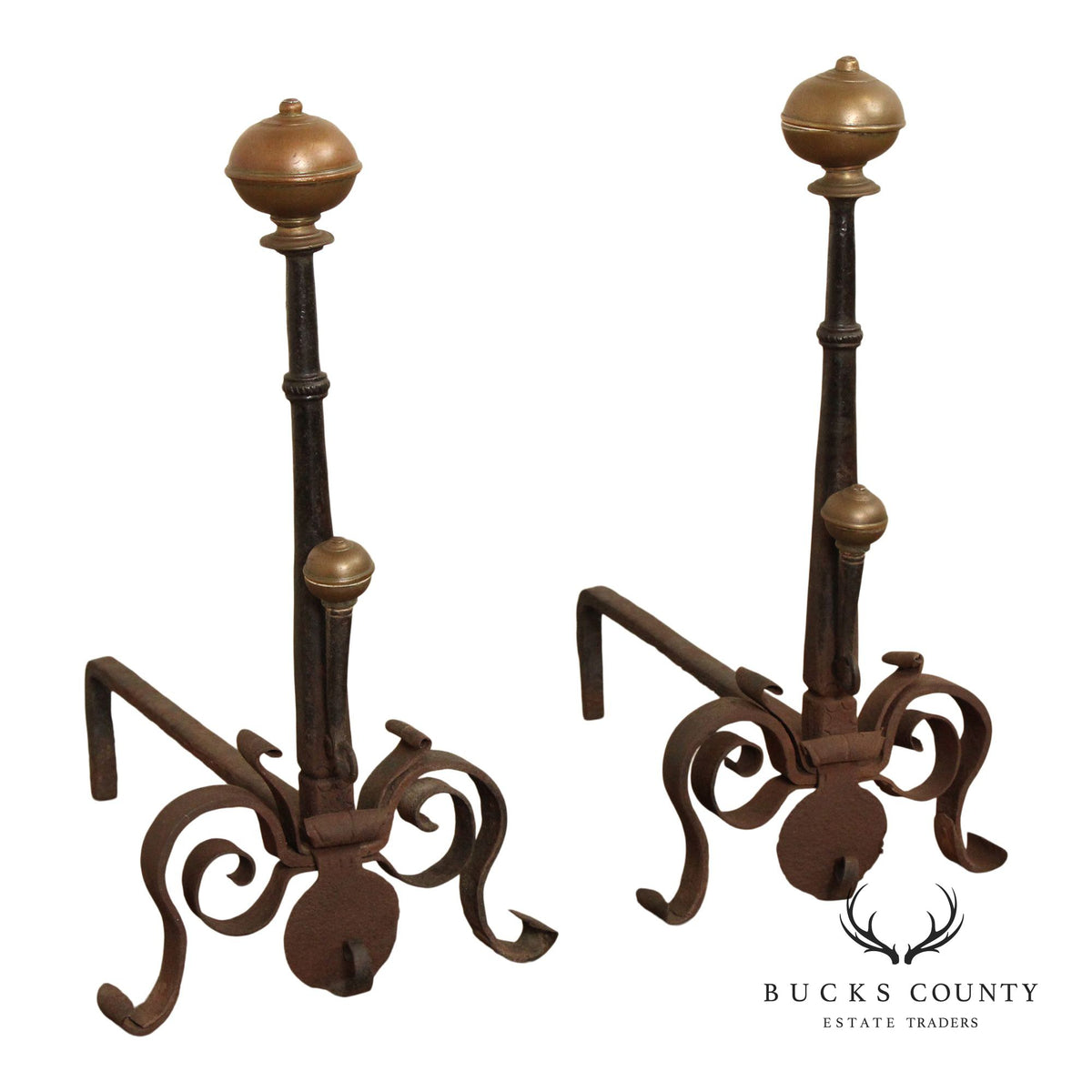 Antique Pair of Forged Iron and Brass Fireplace Andirons