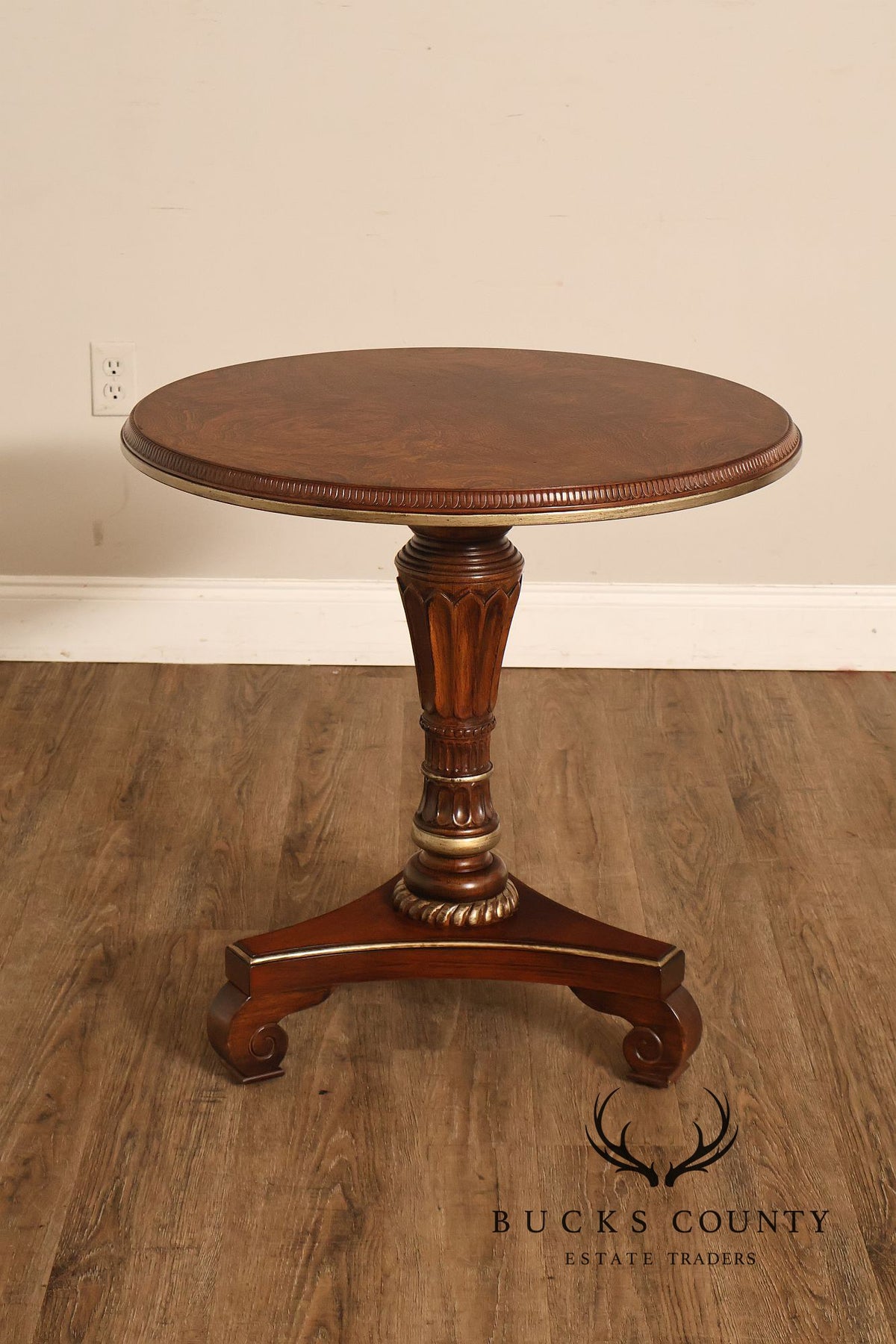 Drexel Heritage Round Burl Wood Veneer Pedestal Accent Table