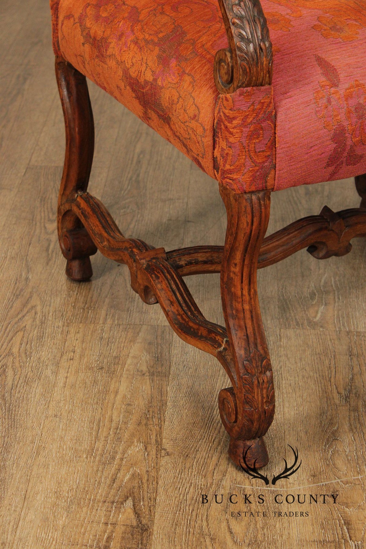 Baroque Style Carved Open Armchair With Upholstered Seat And Back