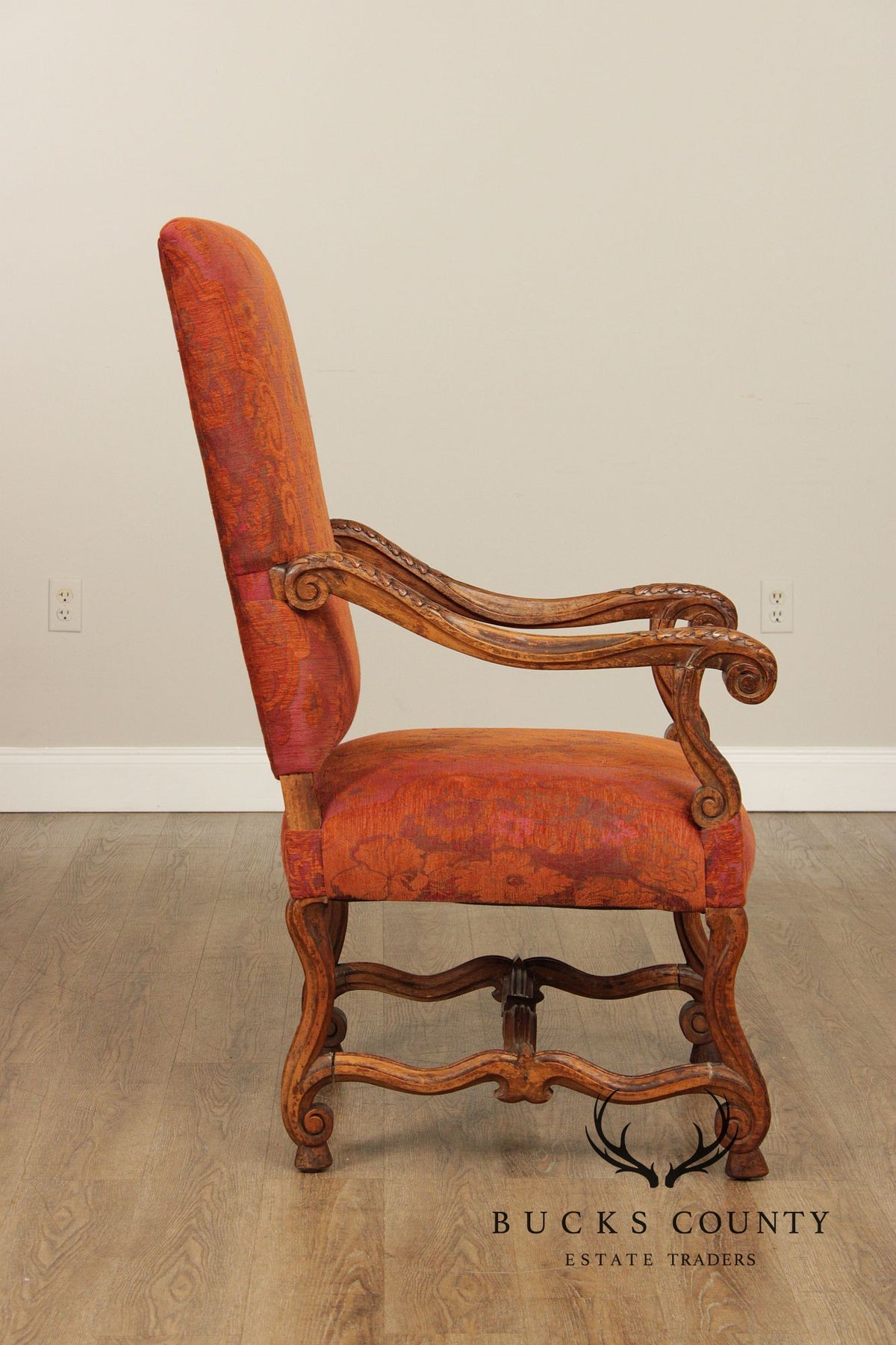 Baroque Style Carved Open Armchair With Upholstered Seat And Back