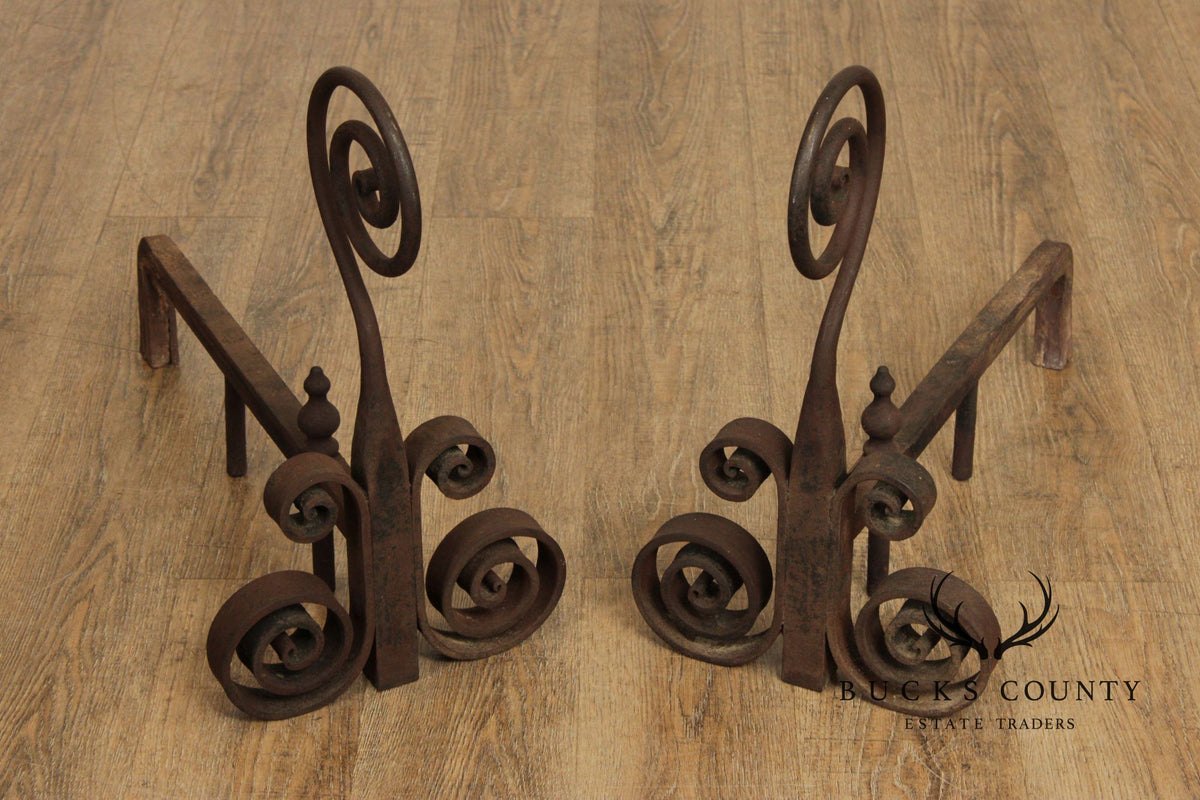 Antique Pair of Hand Forged of Fireplace Andirons
