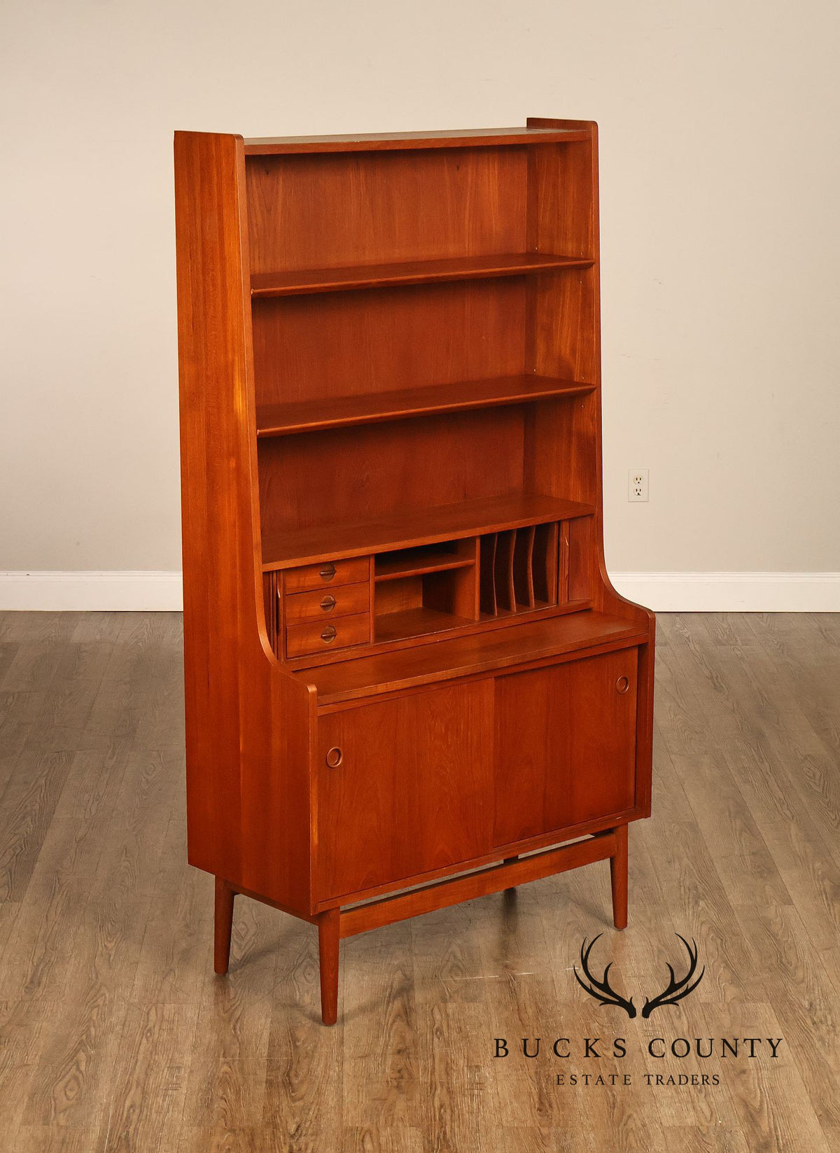 Johannes Sorth for Bornholm Mobelfabrik Danish Teak Tambour Door Secretary Desk Bookcase