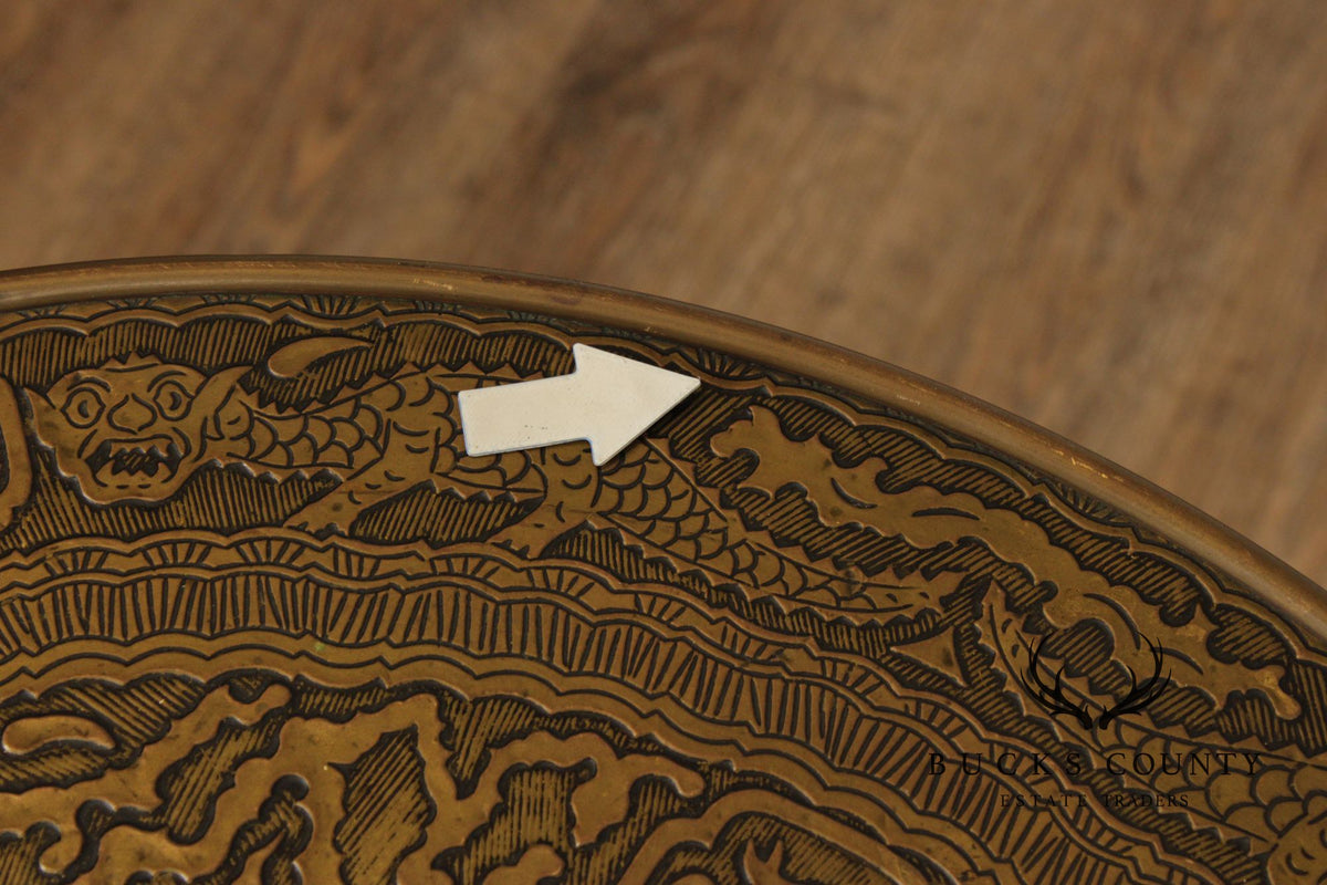 Chinese Style Bronze Top And Wood Base Accent Table With Dragon Motif