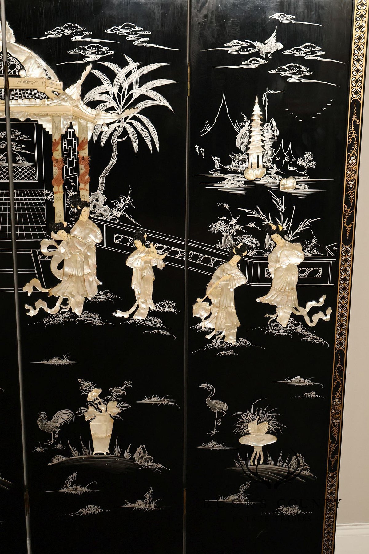 Asian Black Lacquer Vintage Pair Of Four Panel Folding Screens With Mother Of Pearl Inlay