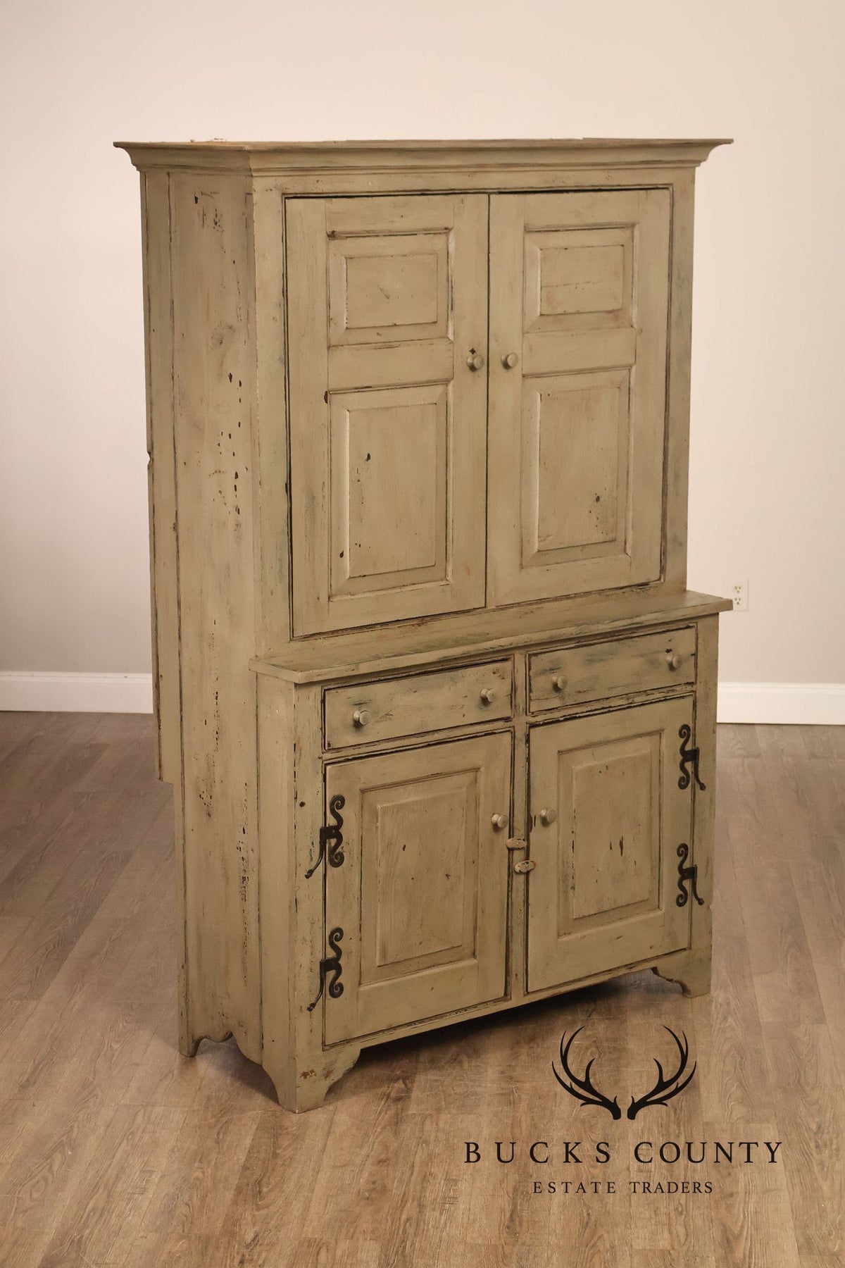 Vintage Distressed Painted Pine Step-Back Cupboard Cabinet