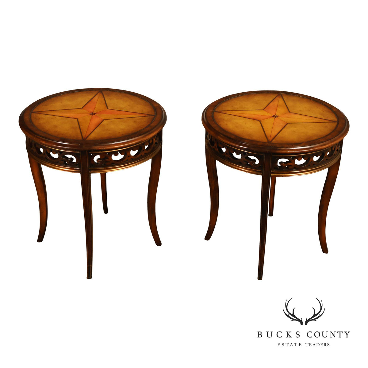 John Richard 'European Crossroads' Pair of Round Leather Top Lamp Tables