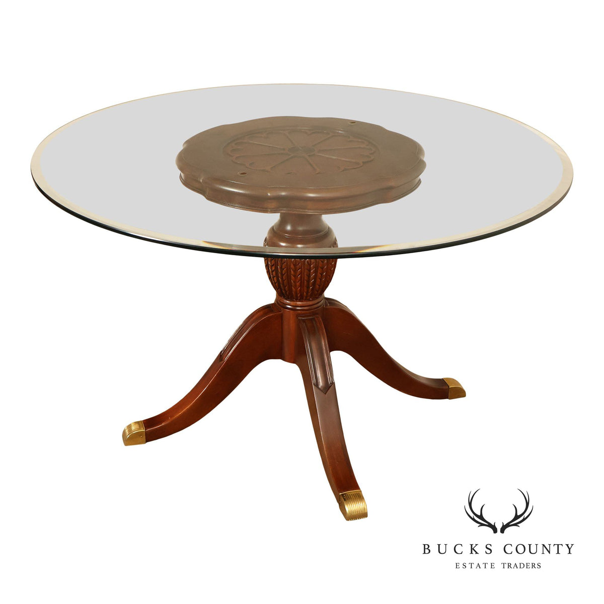 Lexington Furniture Round Glass Top Carved Mahogany Pedestal Table with Center Medallion
