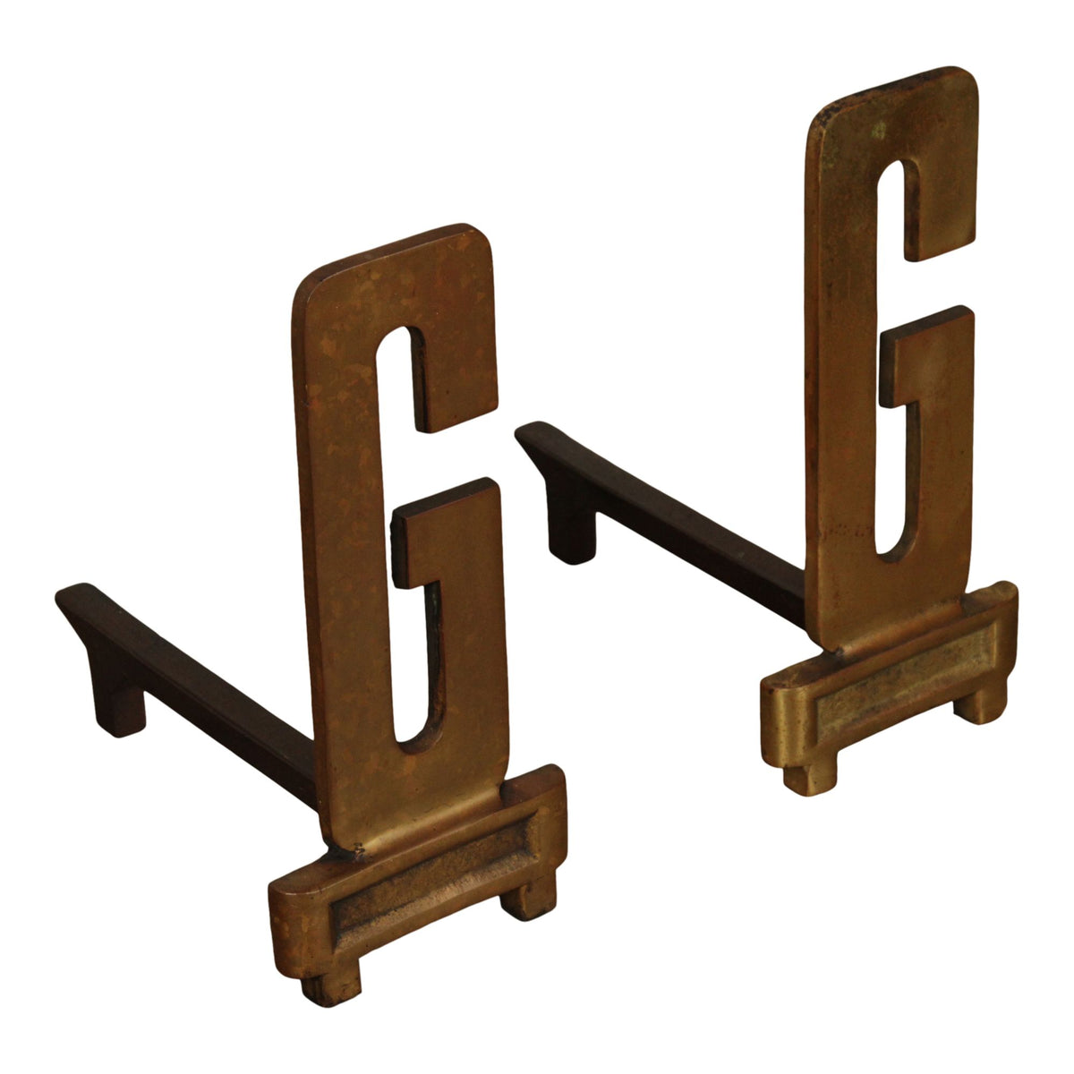 Pair Of Vintage Brass And Iron Monogram "G" Andirons