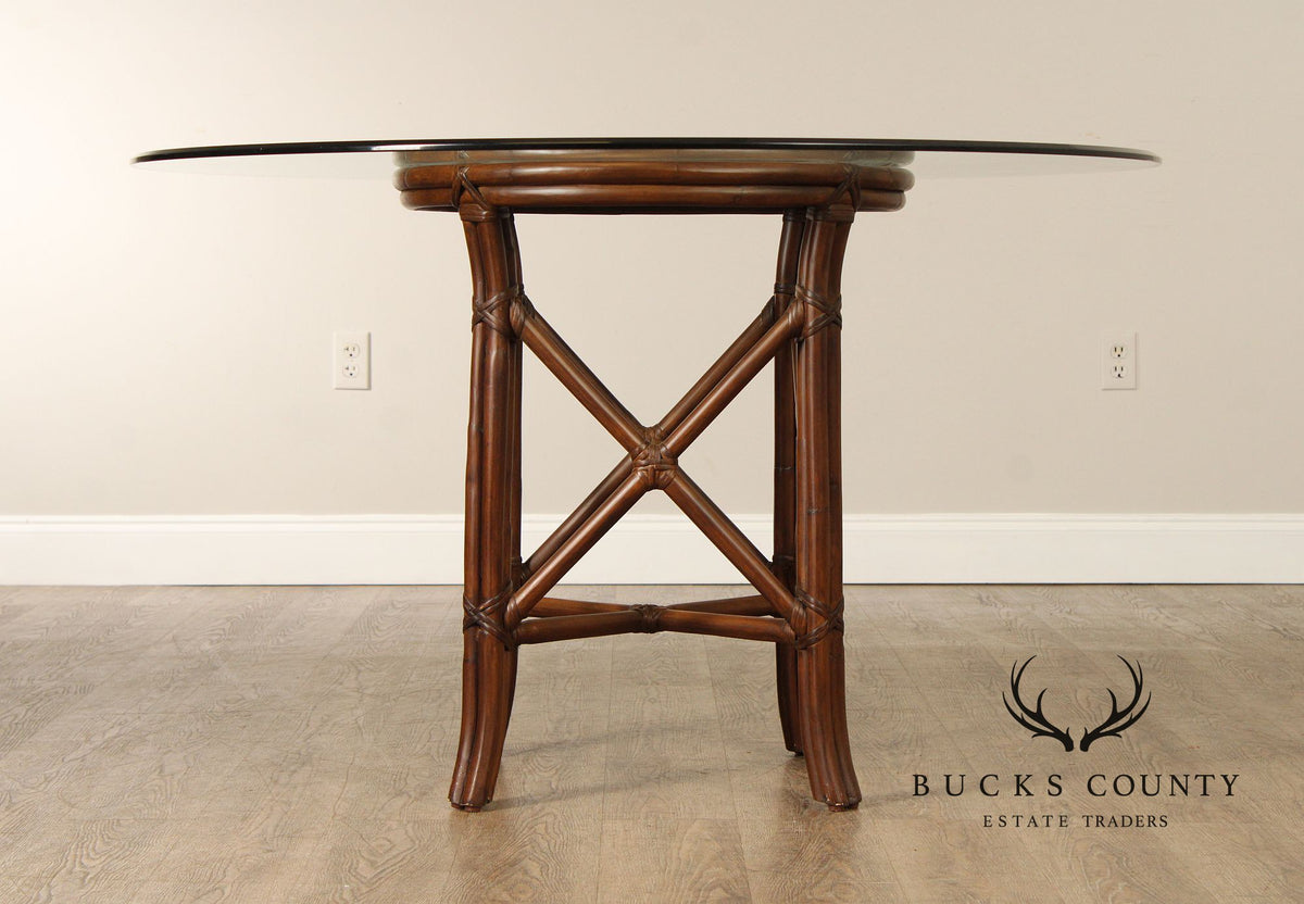 Hollywood Regency Round Glass Top Rattan Dining Table