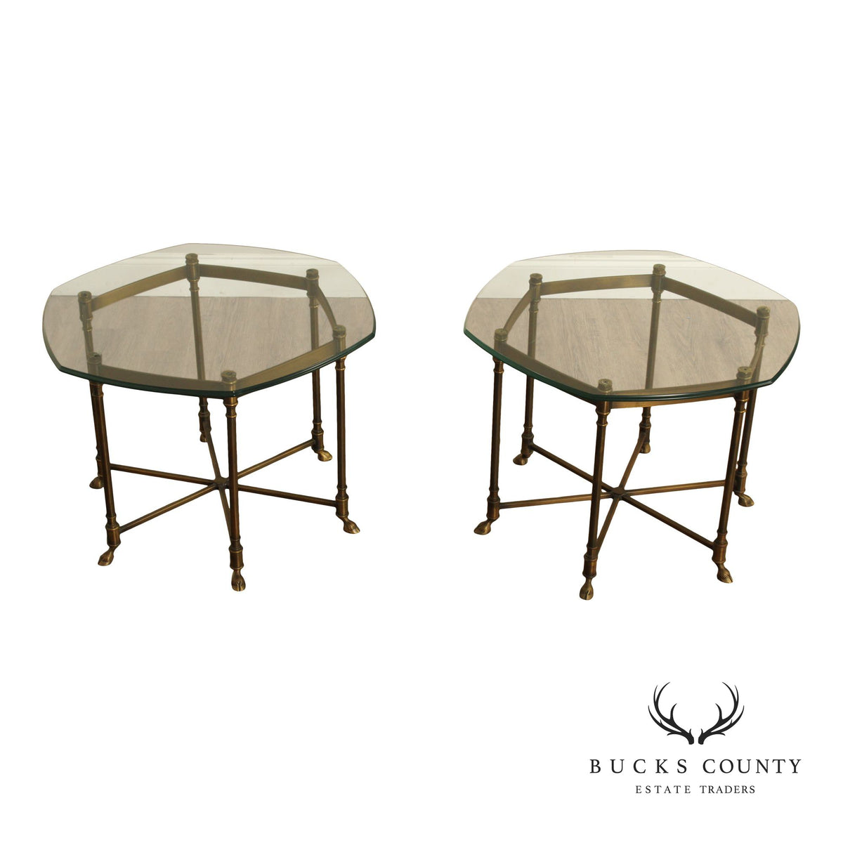 Hollywood Regency Vintage Italian Pair of Glass Top Brass Side Tables
