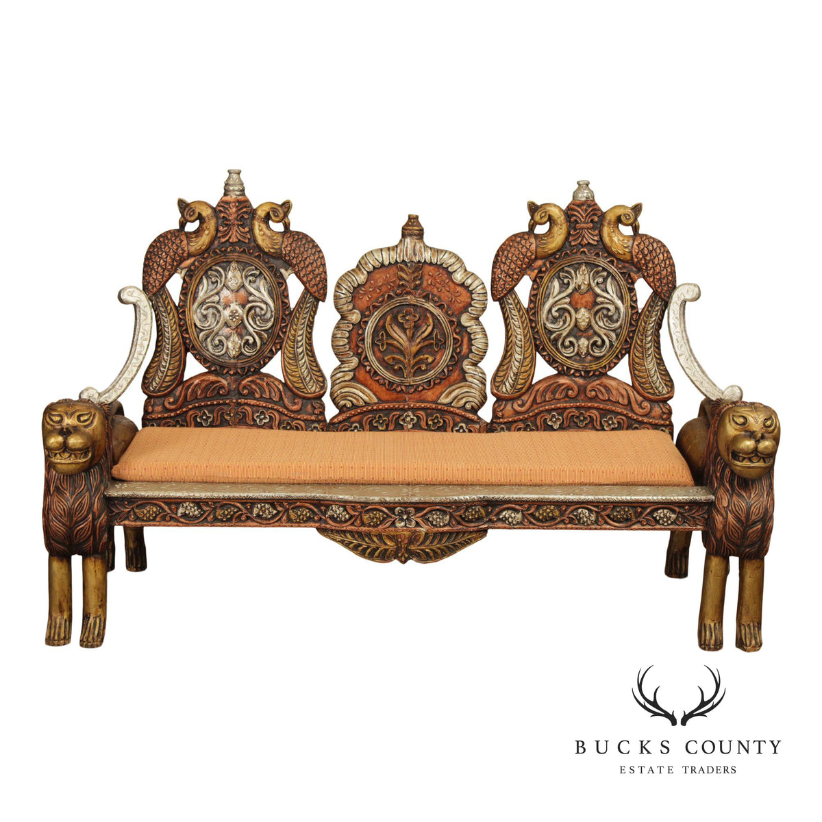 Hand Carved Painted And Gilt Lion And Peacock Motif Settee