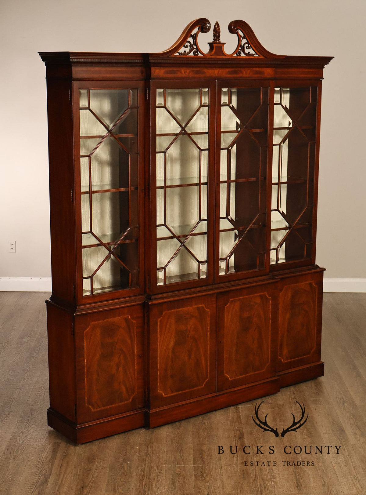 Karges English Style Mahogany Breakfront China Cabinet Display Bookcase with Carved Pediment and Silk Backing
