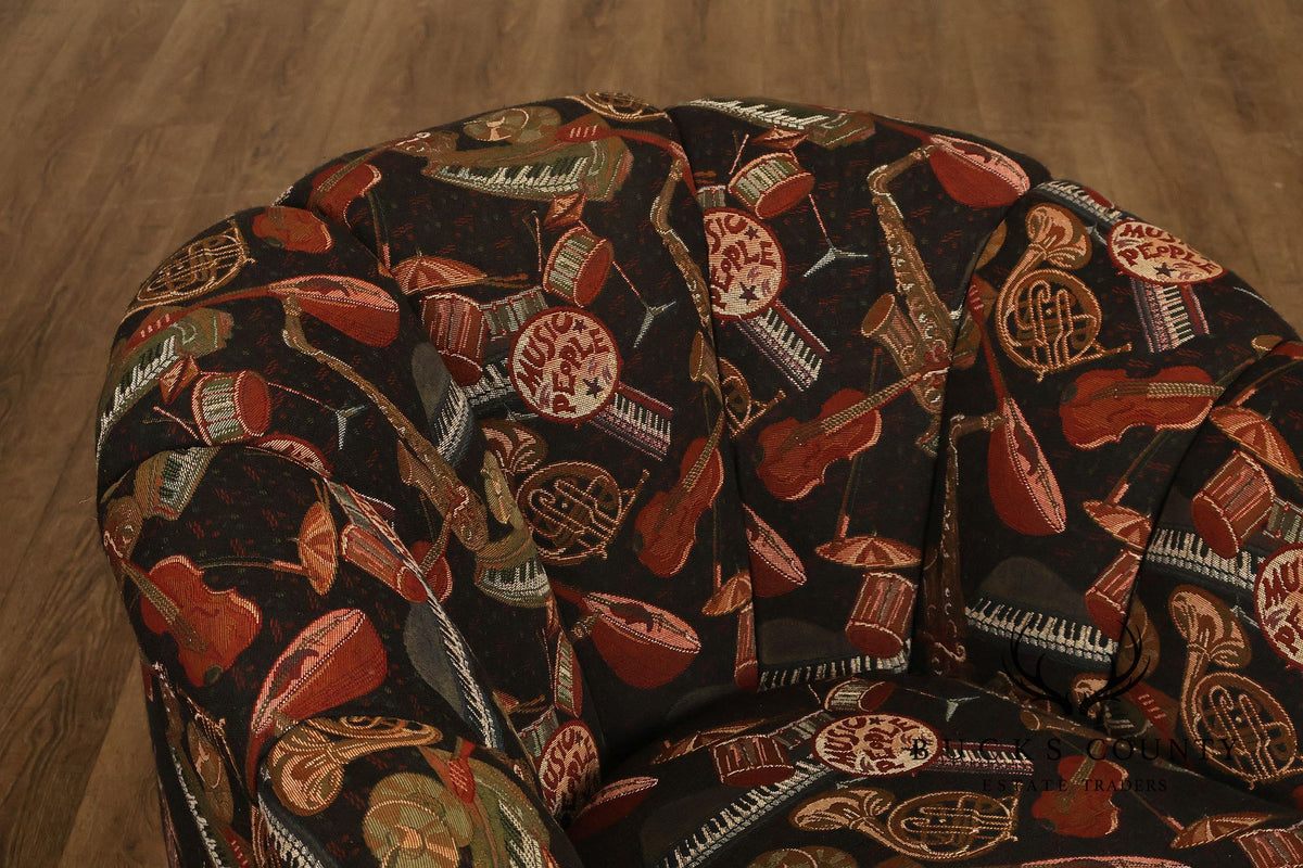 Custom Pair of Upholstered Swivel Club Chairs
