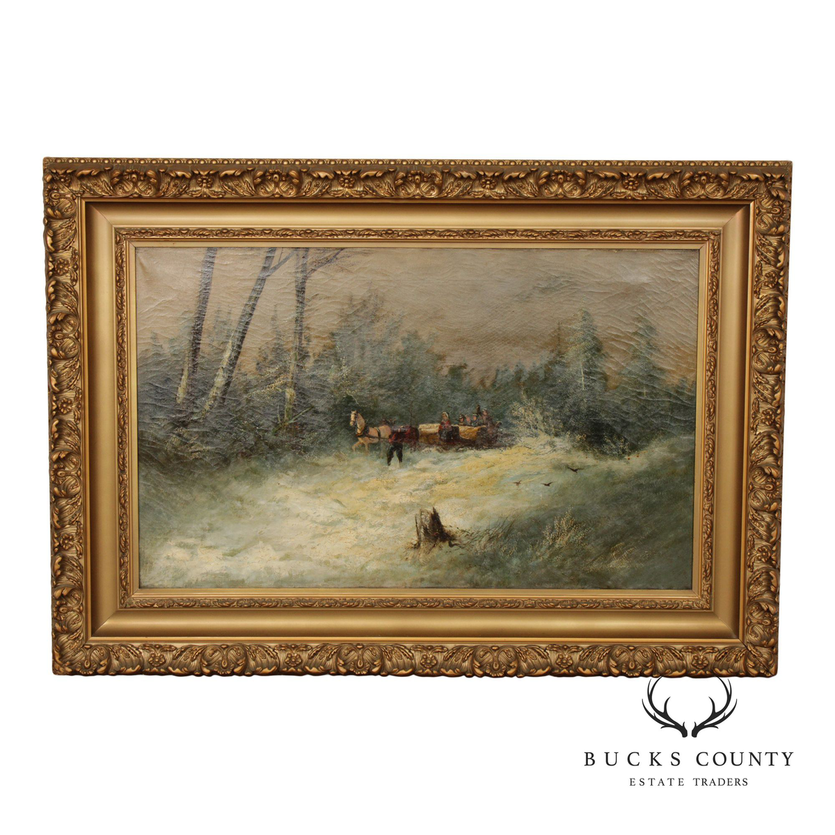 Continental School Large Winter Landscape Painting, Sleigh Ride