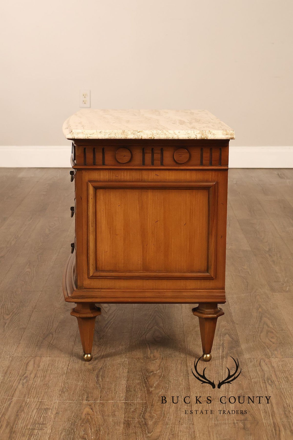 Pair Of Neoclassical Style Travertine Top Three Drawer Nightstands