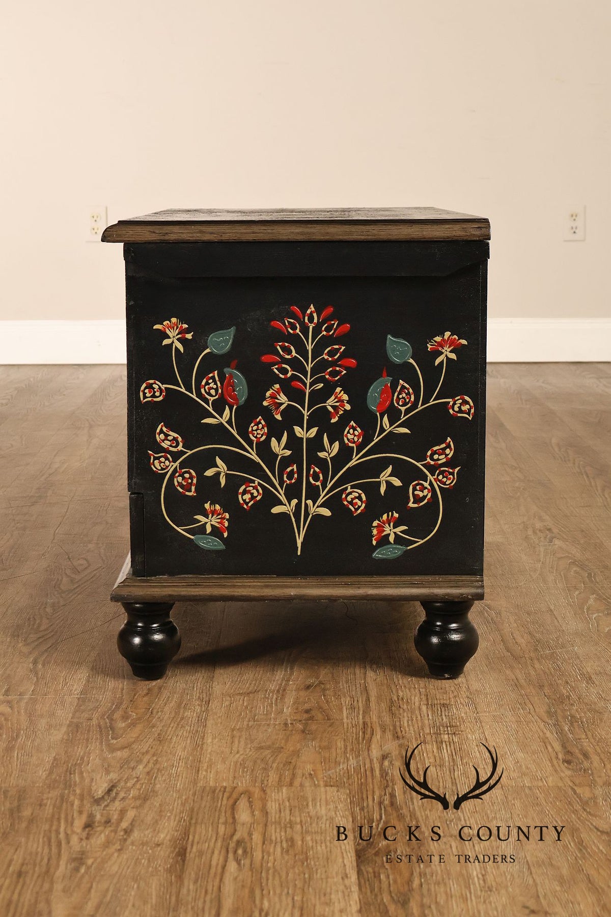 Hand Painted Black Floral Decorated Blanket Chest With Drawer