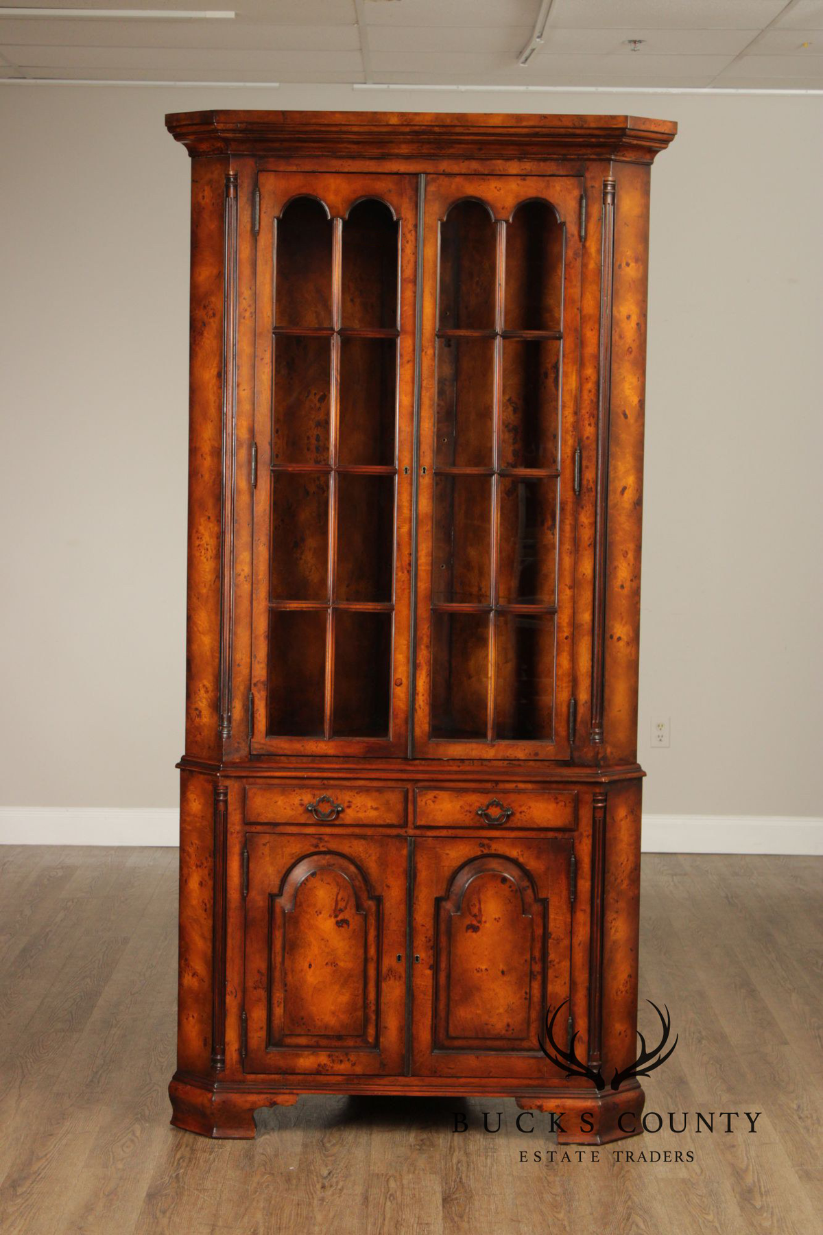 Theodore Alexander Georgian Style Burlwood Corner Cabinet